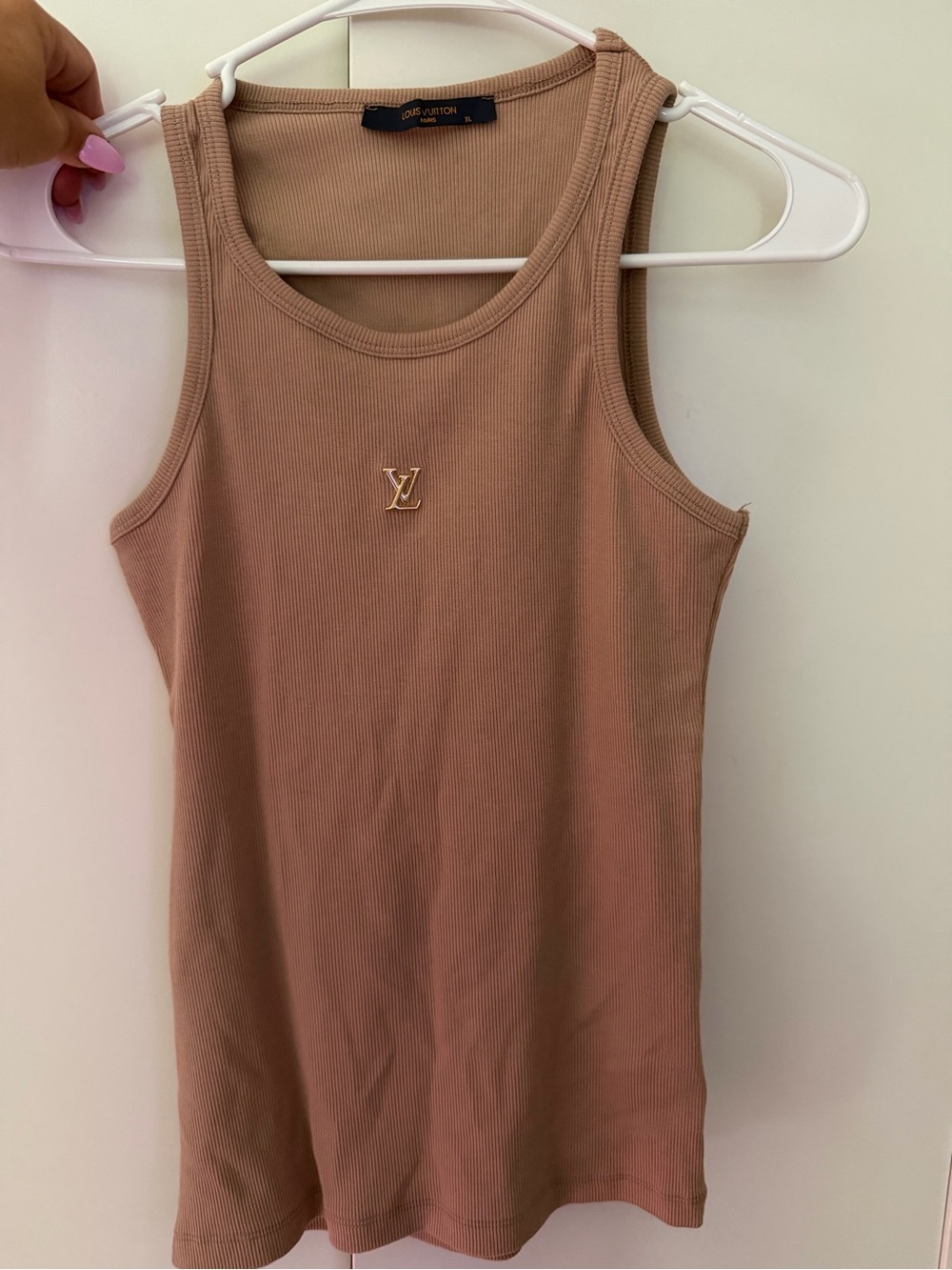 Louis Vuitton Sleeveless Ribbed Tank Top in Taupe with Gold LV Accent